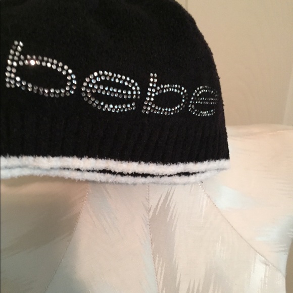 Bebe NWT jet black with white trim knit cap OS - Picture 6 of 6